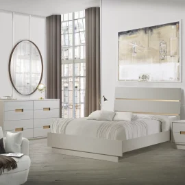 Como – Luxuriously Modern Style with Como Bed in Dove and Como King 8 drawer dresser in Dove and Como Nightstand in Dove