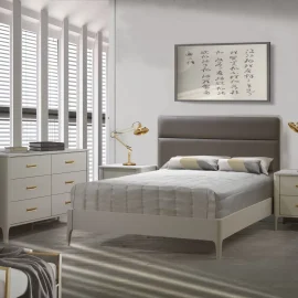 Palo Bed in Dove with Taupe Bonded Leather panel and King 65" Dresser and Nightstand in Dove