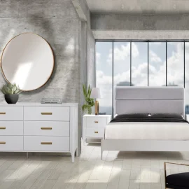 Palo Bed in White with Soft Grey Fabric panel and King 65" Dresser and Nightstand in White