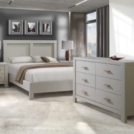 Toscano – Rustic Industrial Style with Toscano Bed in Dove and Toscano King 6 drawer dresser in Dove and Toscano Nightstand in Dove