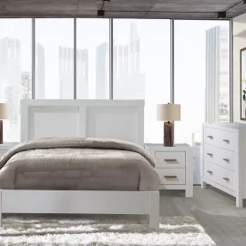 Toscano – Rustic Industrial Style with Toscano Bed in White and Toscano King 6 drawer dresser in White and Toscano Nightstand in White